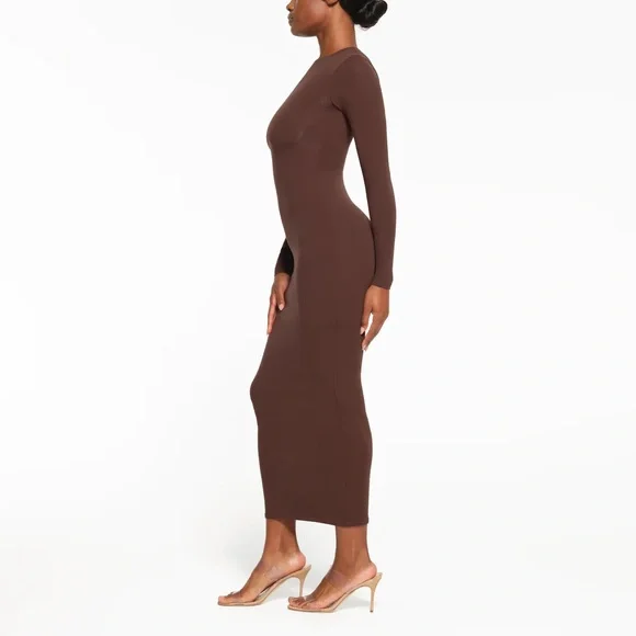 SKIMS Fits Everybody Crew Neck Long Sleeve Dress | Cocoa | Size S - Picture 2 of 7